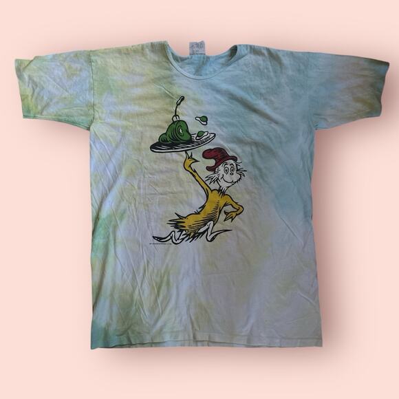Vtg DR SEUSS T-SHIRT OSFA XL Tall Tie Die WHITE GREEN EGGS HAM 1990s Sam I Am - Picture 1 of 5